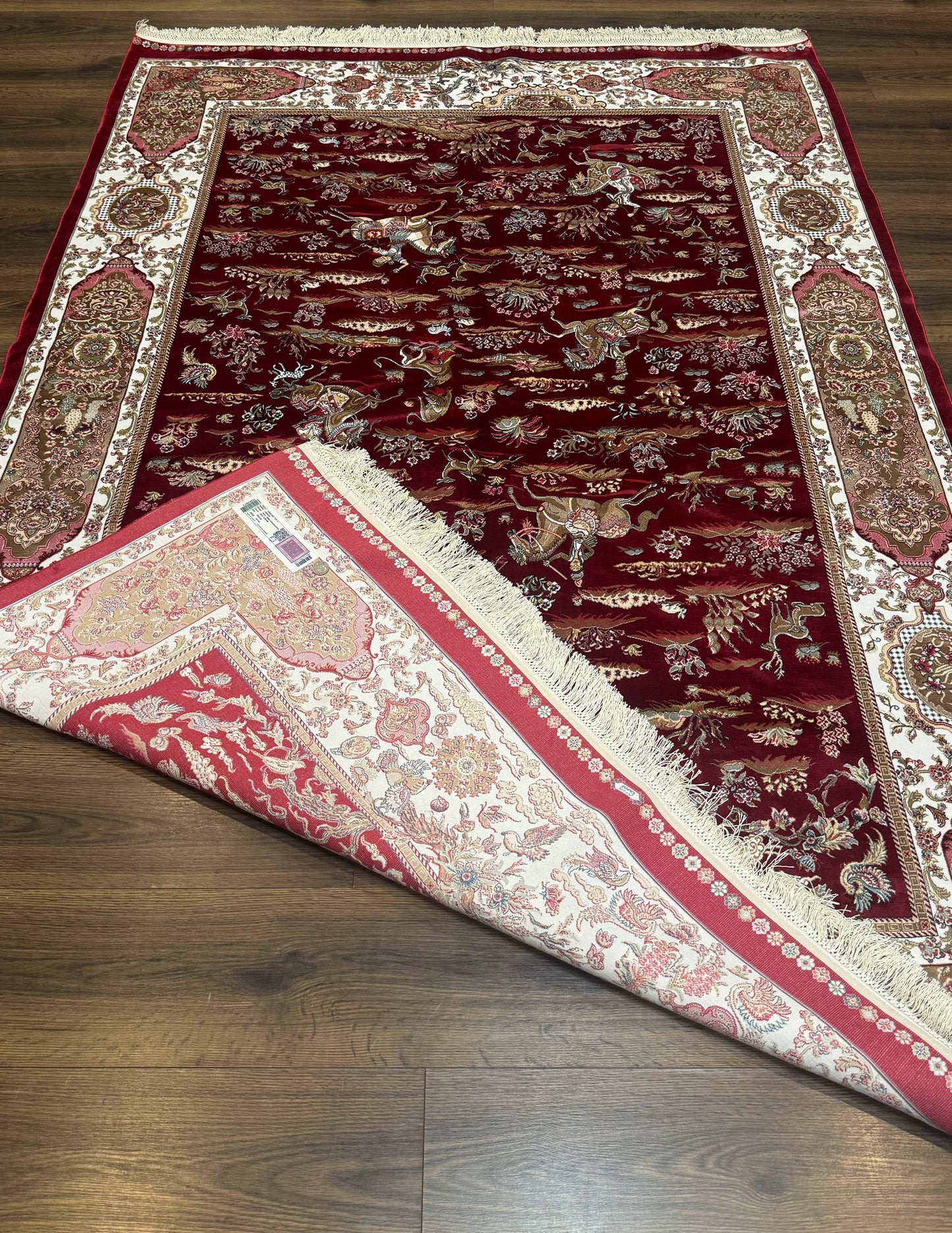 Turkish Silk Hunting Scene Rug 5 x 7.6 ft Red And Ivory Bamboo Silk