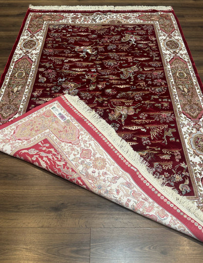 Turkish Silk Hunting Scene Rug 5 x 7.6 ft Red And Ivory Bamboo Silk