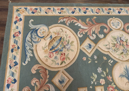 Aubusson Rug 9x12 Muted Sage Green Cream European Design Handwoven Wool