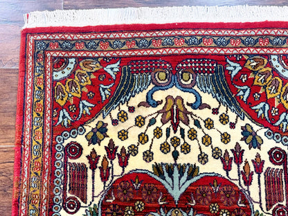 Persian Bijar Rug 2.6 x 4 Vintage Hand Knotted Wool Carpet Brick Red Ivory