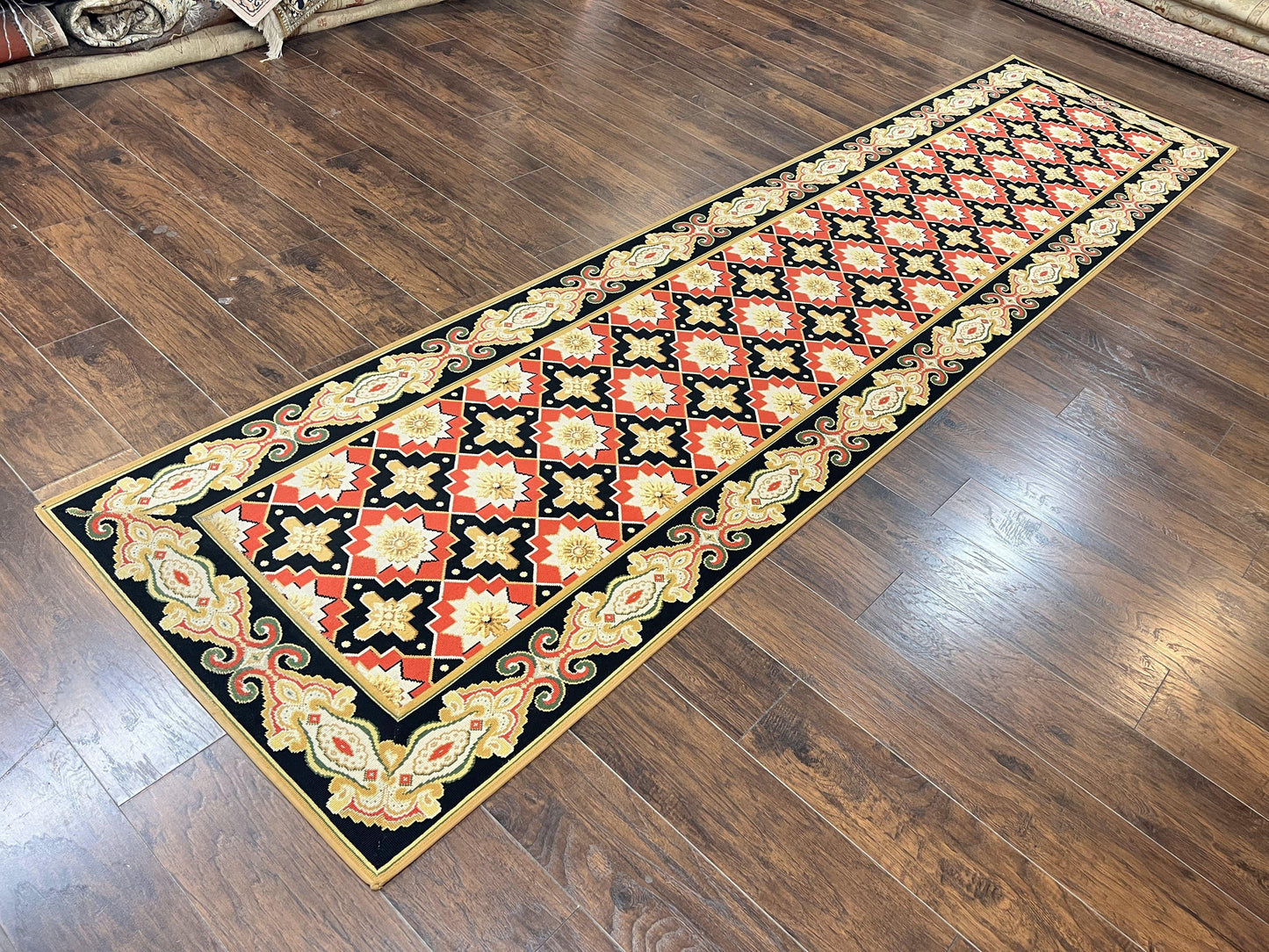 Vintage Runner Rug Long Hallway Wool Panel Design Red Black Ivory Tan European Style