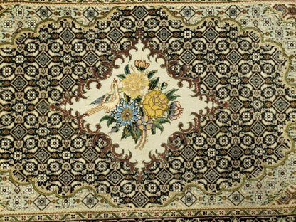 Small Persian Rug 2.4 x 3, Birds and Flowers, Finely Hand Knotted
