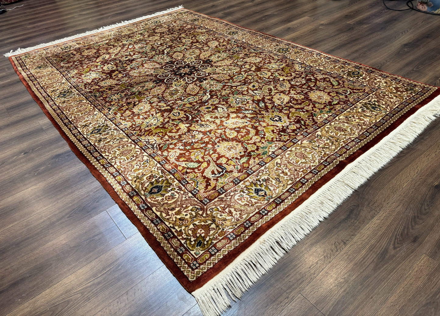 Tree Of Life Kashmiri Rug 6x9 Indian Wool Hand Knotted Rust Red Cream Animal Pictorials