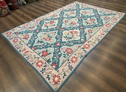 Teal Needlepoint Rug 6x9, Panel Design, Floral Bouquets, Handmade