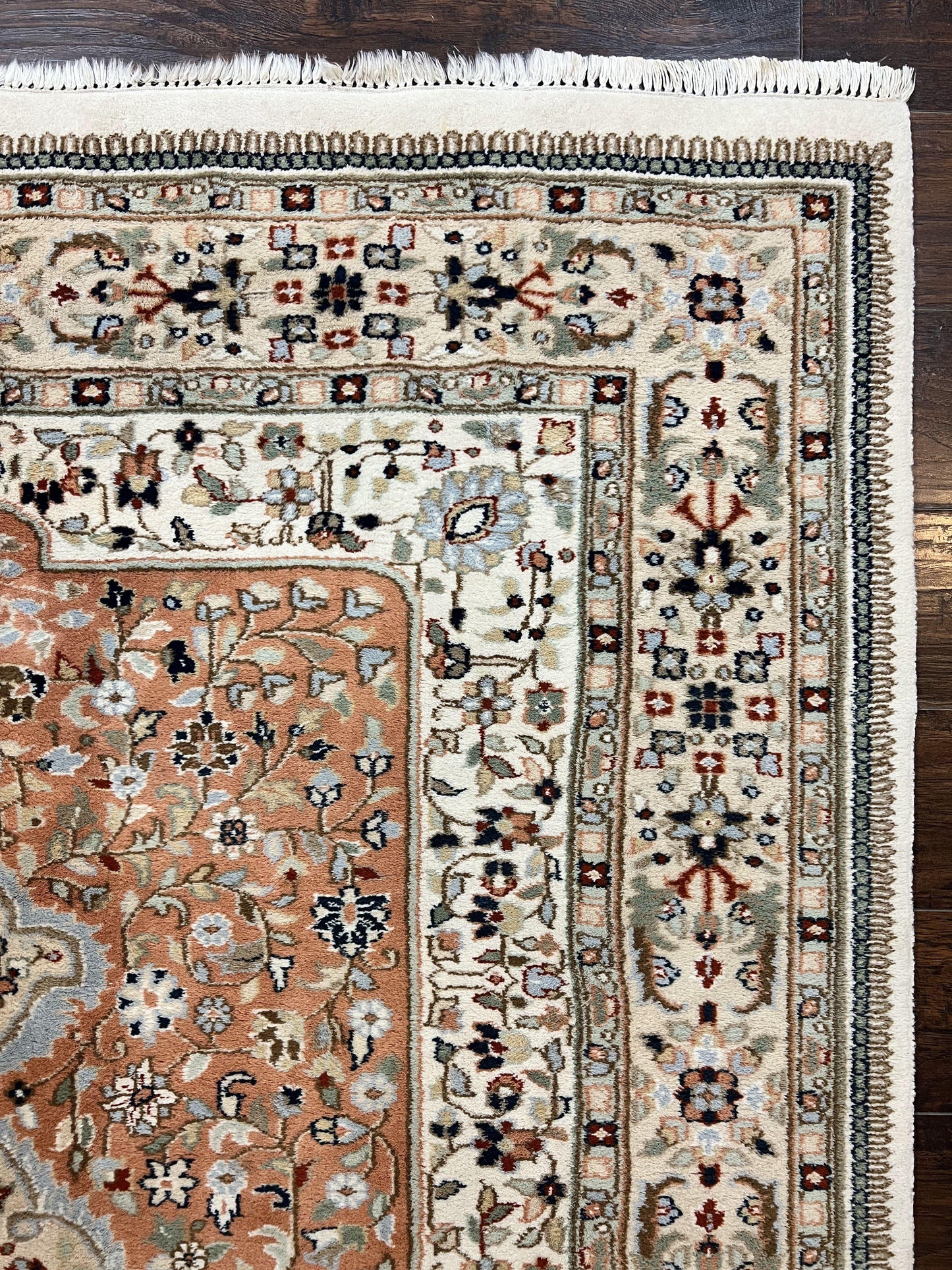 Indo Persian Rug 6x9, Wool Hand Knotted Vintage Carpet, Salmon & Ivory, Traditional Oriental Rug 6 x 9