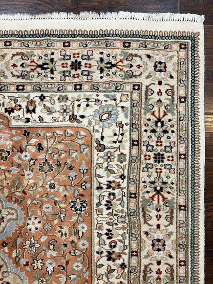 Indo Persian Rug 6x9, Wool Hand Knotted Vintage Carpet, Salmon & Ivory, Traditional Oriental Rug 6 x 9