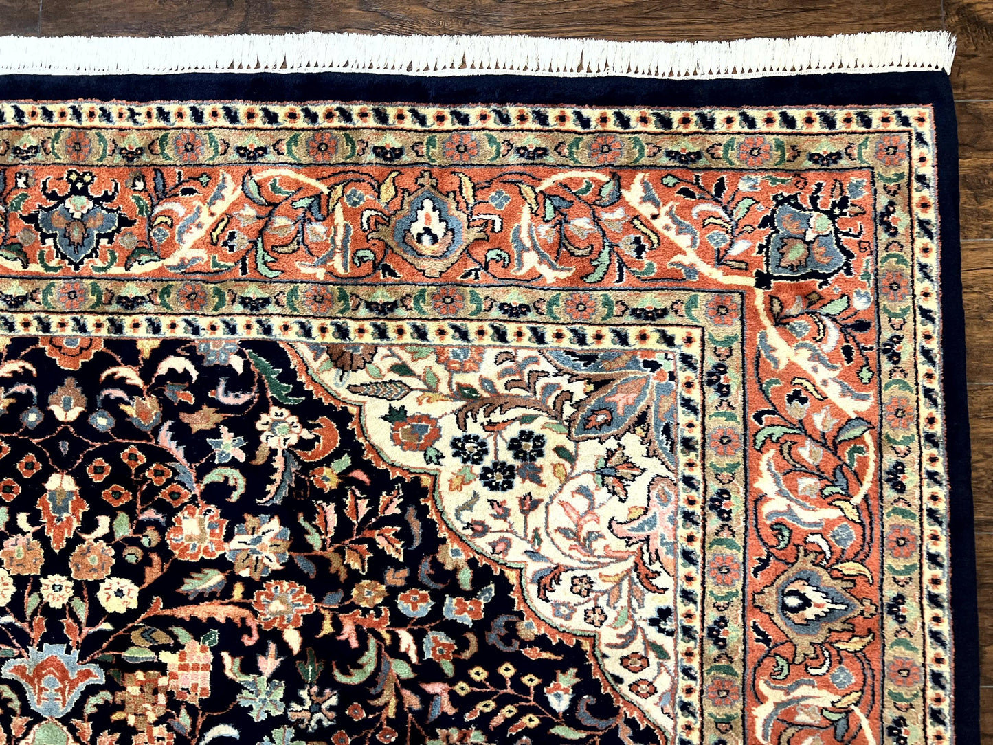 Indo Persian Rug 8x10 Handmade Wool Floral Medallion Midnight Blue Red Vintage Carpet