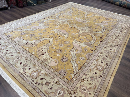 Sino Persian Rug 8x11, Wool with Silk Highlights, Unique Colors, Gold and Light Green, Fine 240 KPSI