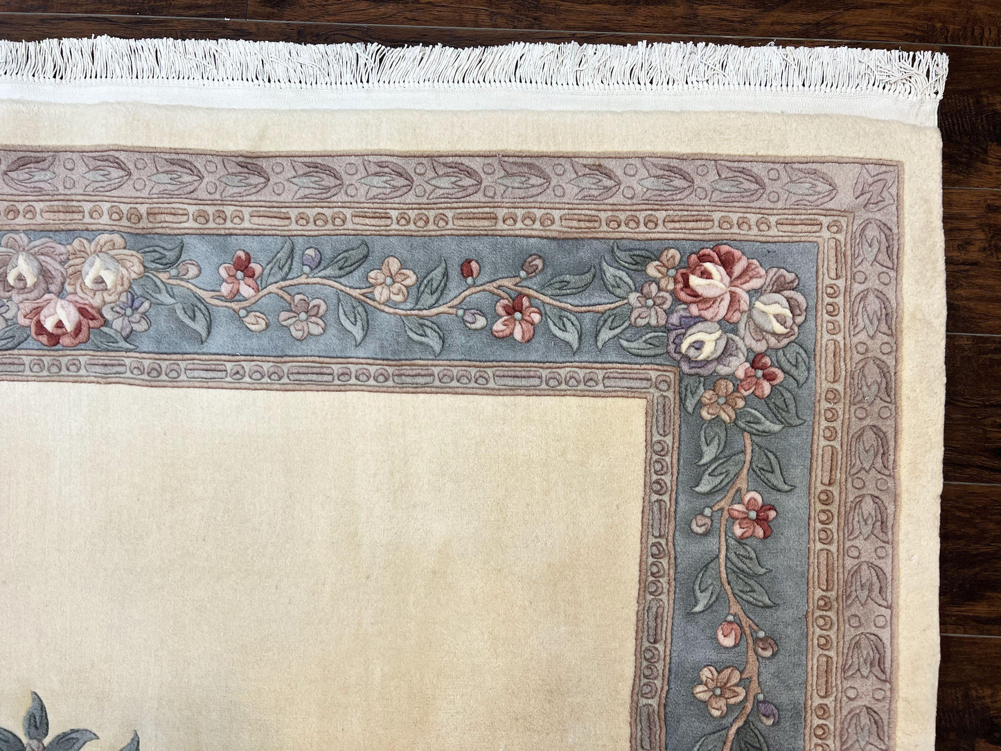 Chinese Wool Rug 8x10 Handknotted 120 Line Cream Aubusson Art Deco Oriental Rug