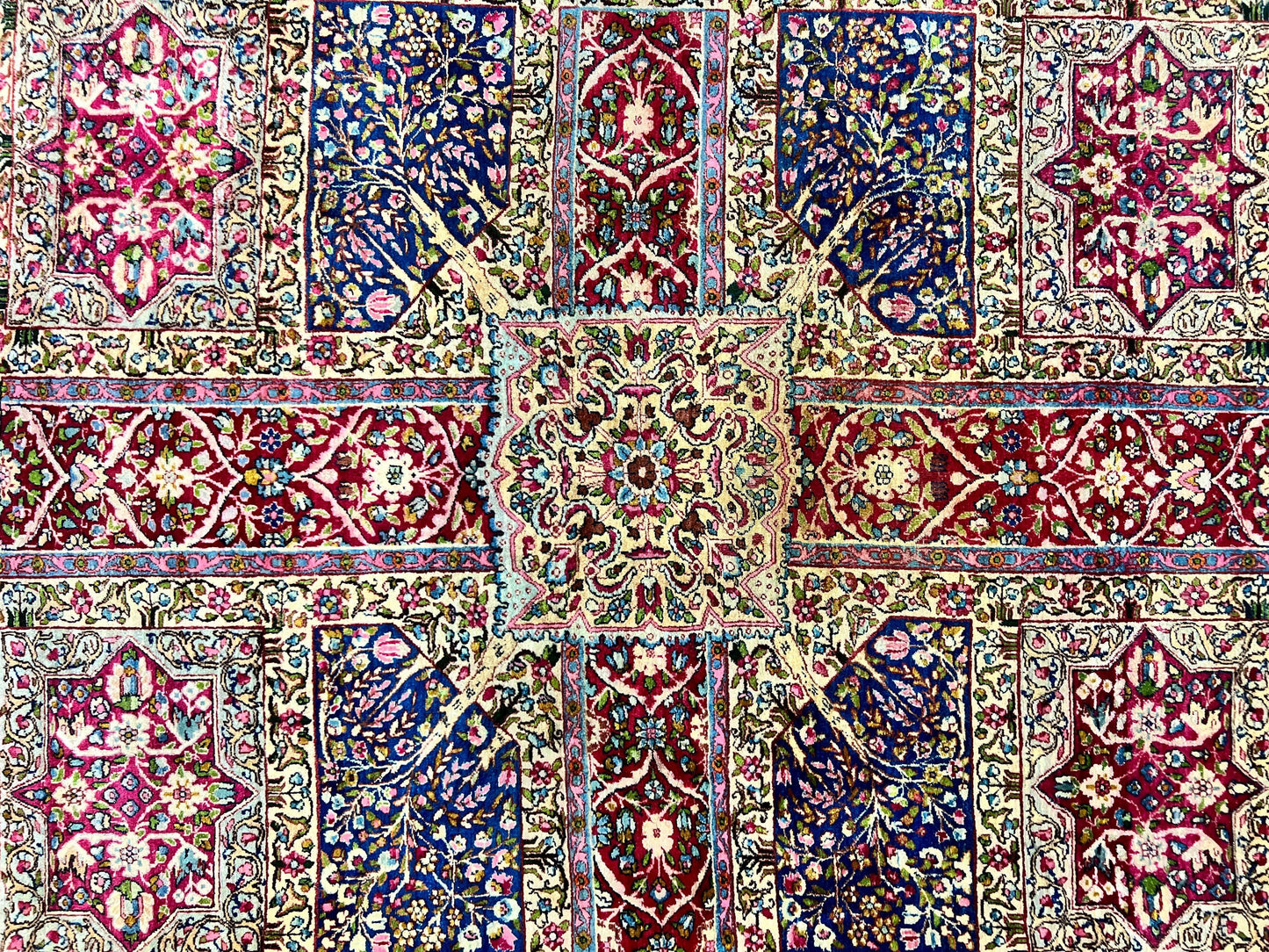 Persian Kirman Lavar Rug 8x9, Antique Persian Carpet, Colorful Multicolor 1920s Handmade Wool Rug, Garden Panel Design, Fine 200 KPSI