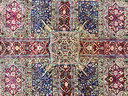 Persian Kirman Lavar Rug 8x9, Antique Persian Carpet, Colorful Multicolor 1920s Handmade Wool Rug, Garden Panel Design, Fine 200 KPSI