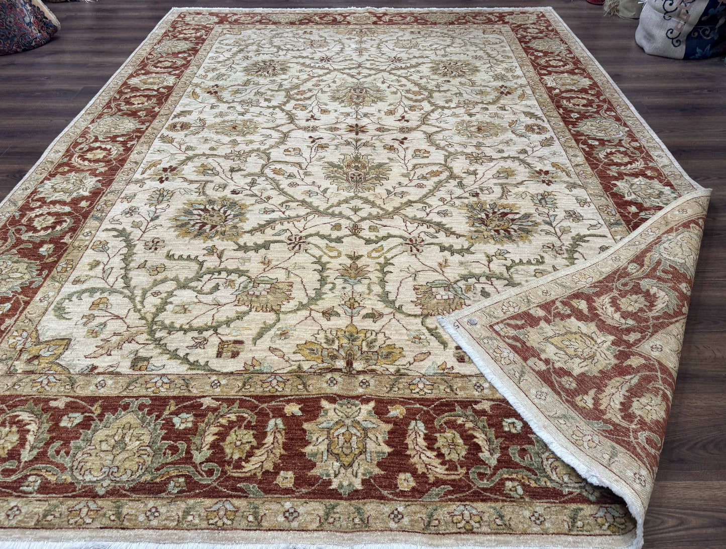 Peshawar Rug Floral Wool 9x12 Hand Knotted Pakistani Carpet Beige And Rust