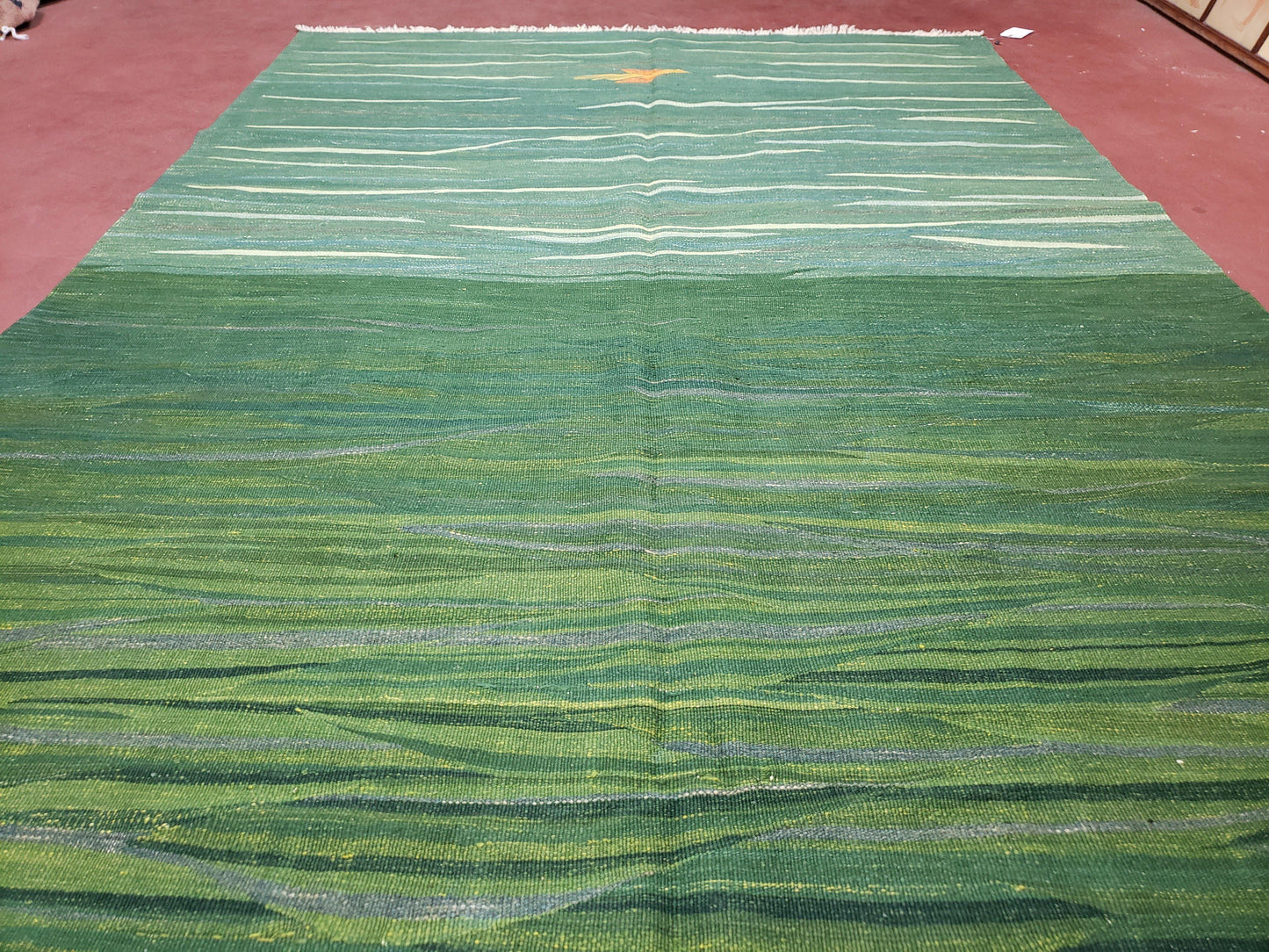Green Turkish Kilim Rug, 6x9 - 7x10 Rugs, Bird, Handmade New Area Rug, Wool, Bohemian Boho Decor, Hand Woven, Modern Abstract Flat Weave Rug