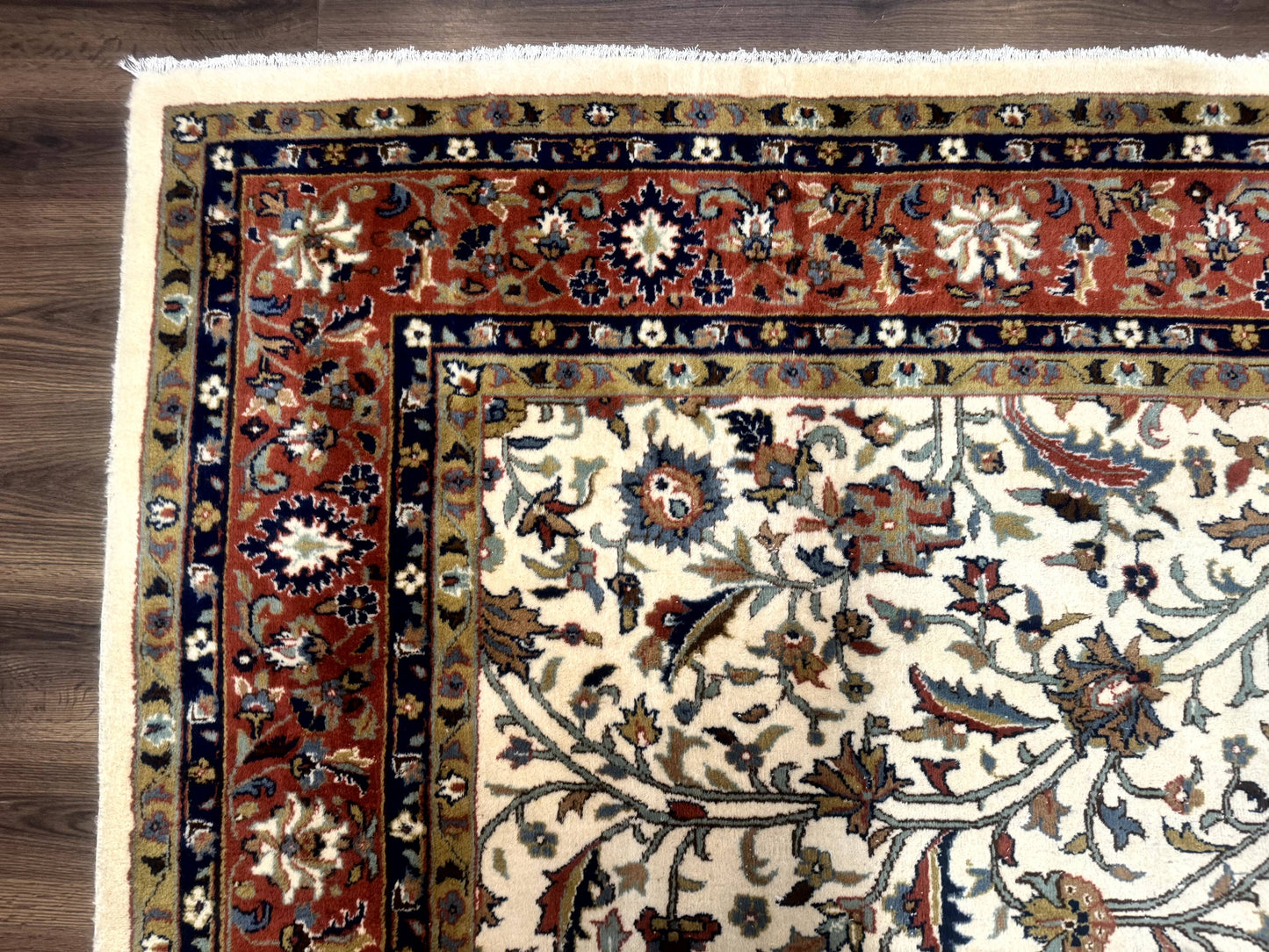 Indo Persian Rug 9x12, Ivory and Red, Traditional Wool Oriental Carpet