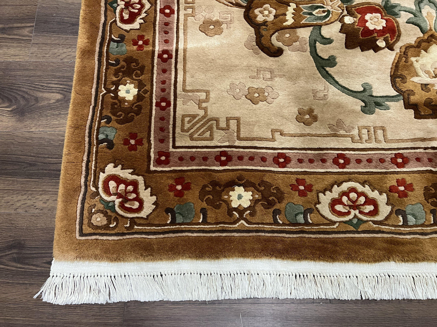 Chinese Wool Rug Hand Knotted Vintage Oriental Medallion Area Rug Pair Tan And Brown