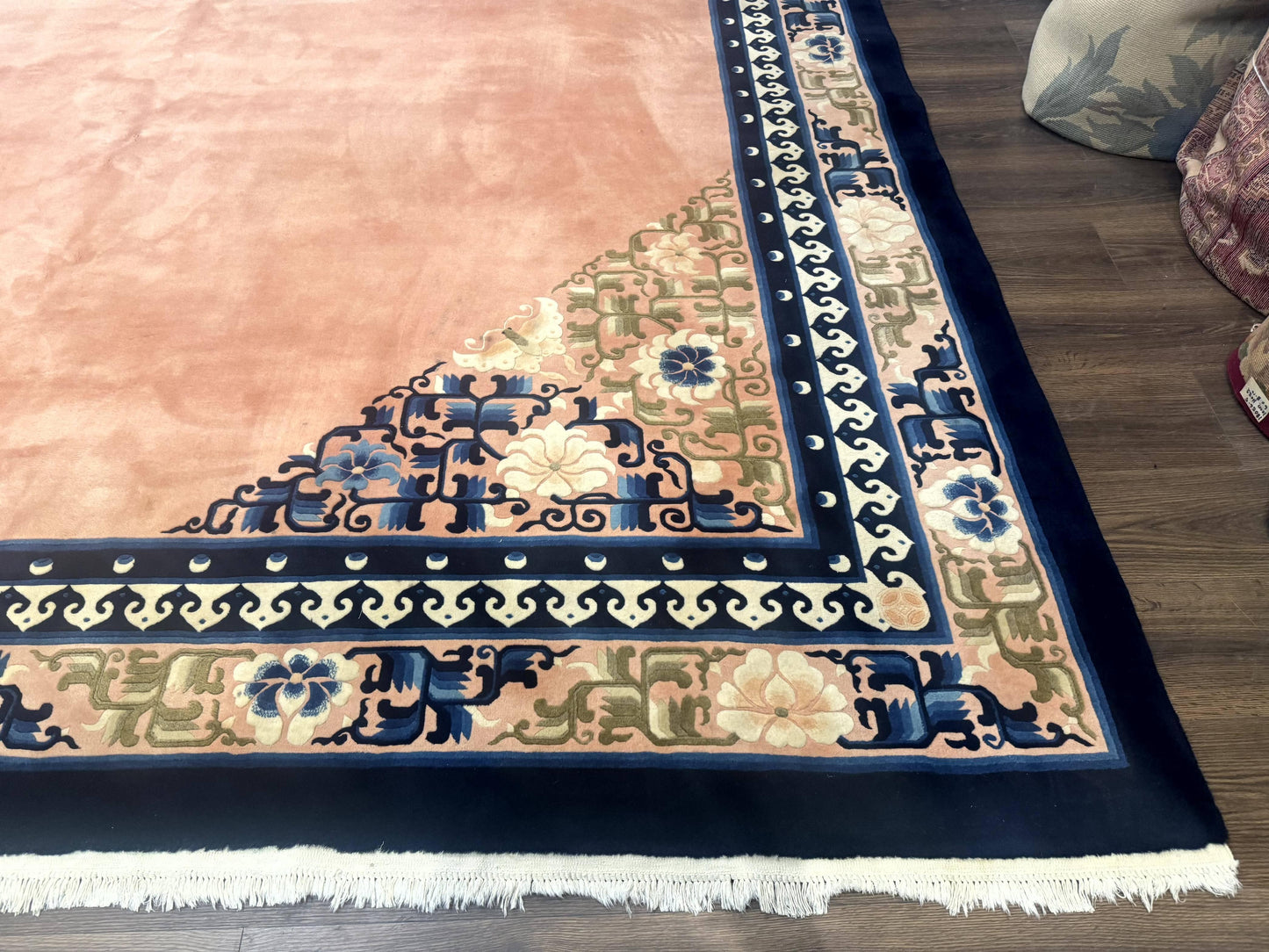 Chinese Wool Rug 11X18 Peking Style Open Field Peach and Blue Art Deco Handmade Carpet