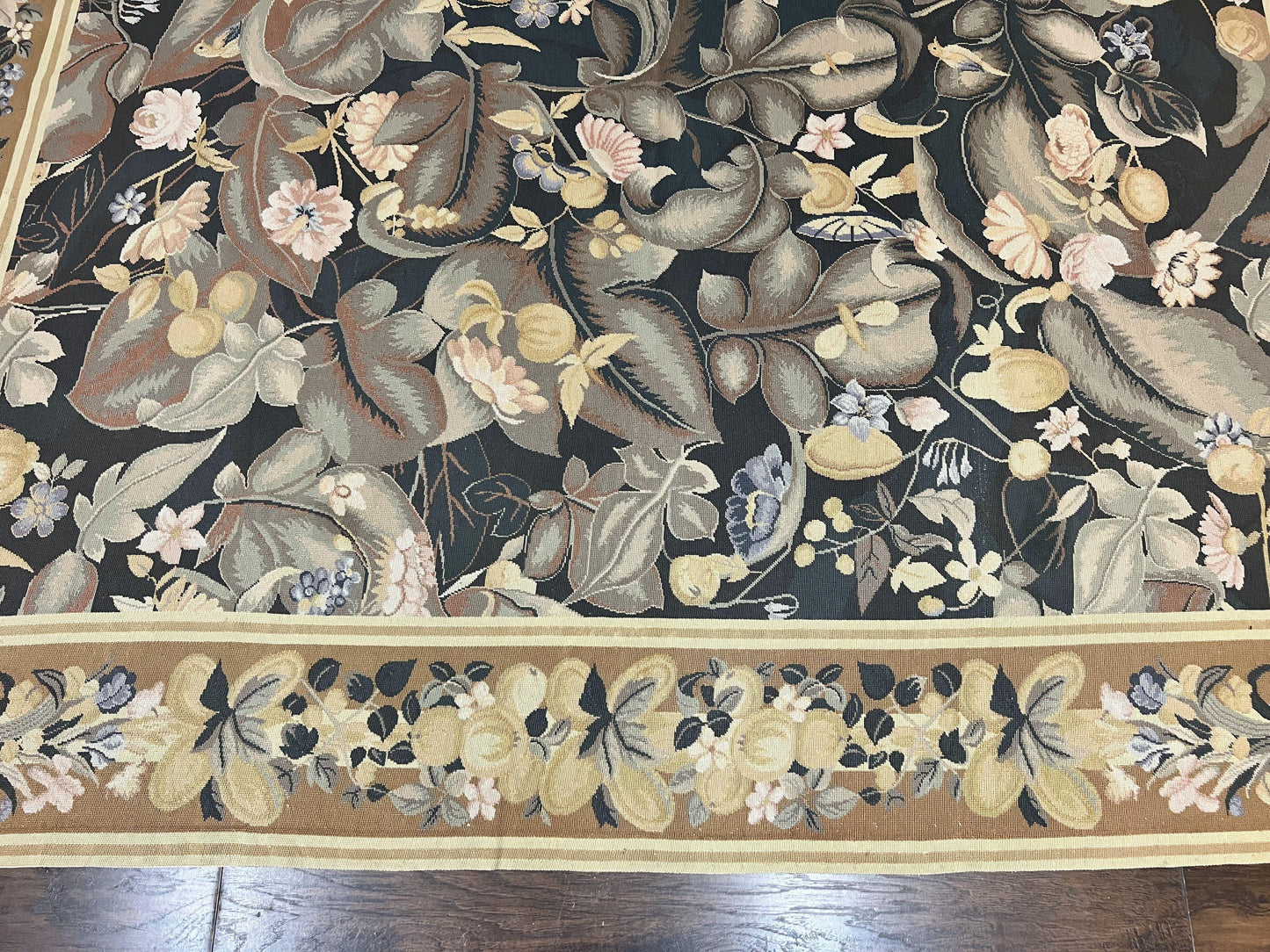 Large Needlepoint Rug 9x13, Handmade Wool Flatweave Vintage Rug, Leaves, Green