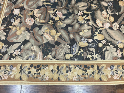 Large Needlepoint Rug 9x13, Handmade Wool Flatweave Vintage Rug, Leaves, Green