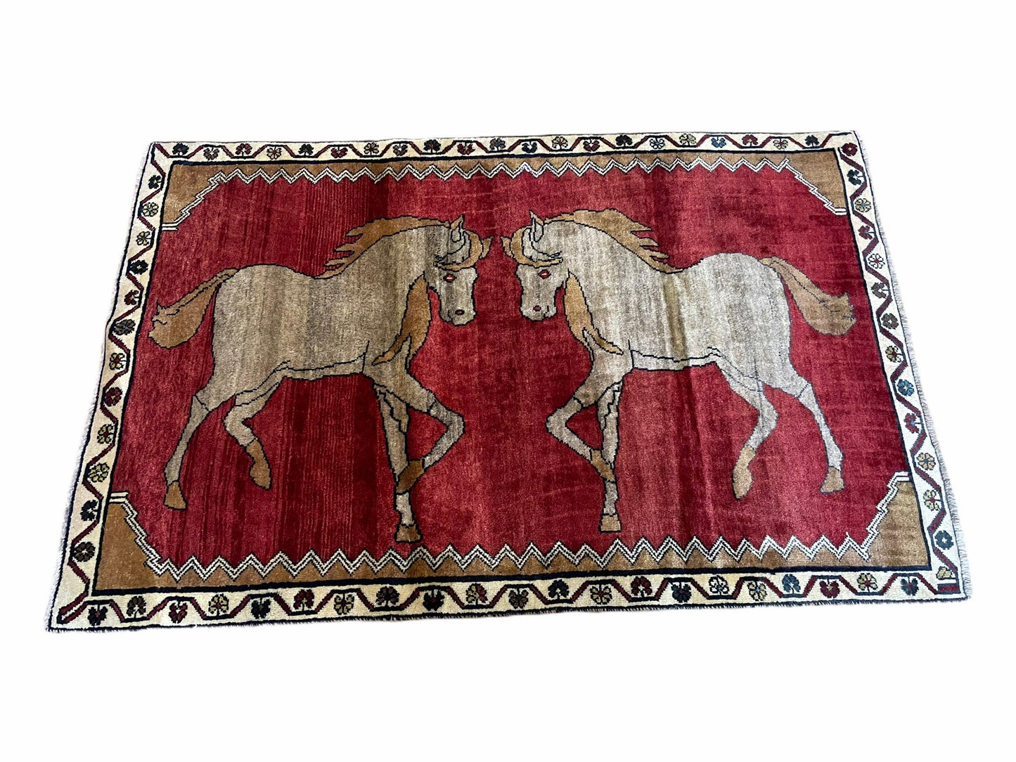 Handmade Hand Knotted Wool Rug 4x6 Vintage Horses Tribal Red Organic Dyes