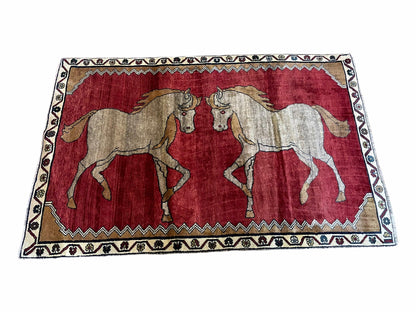 Handmade Hand Knotted Wool Rug 4x6 Vintage Horses Tribal Red Organic Dyes