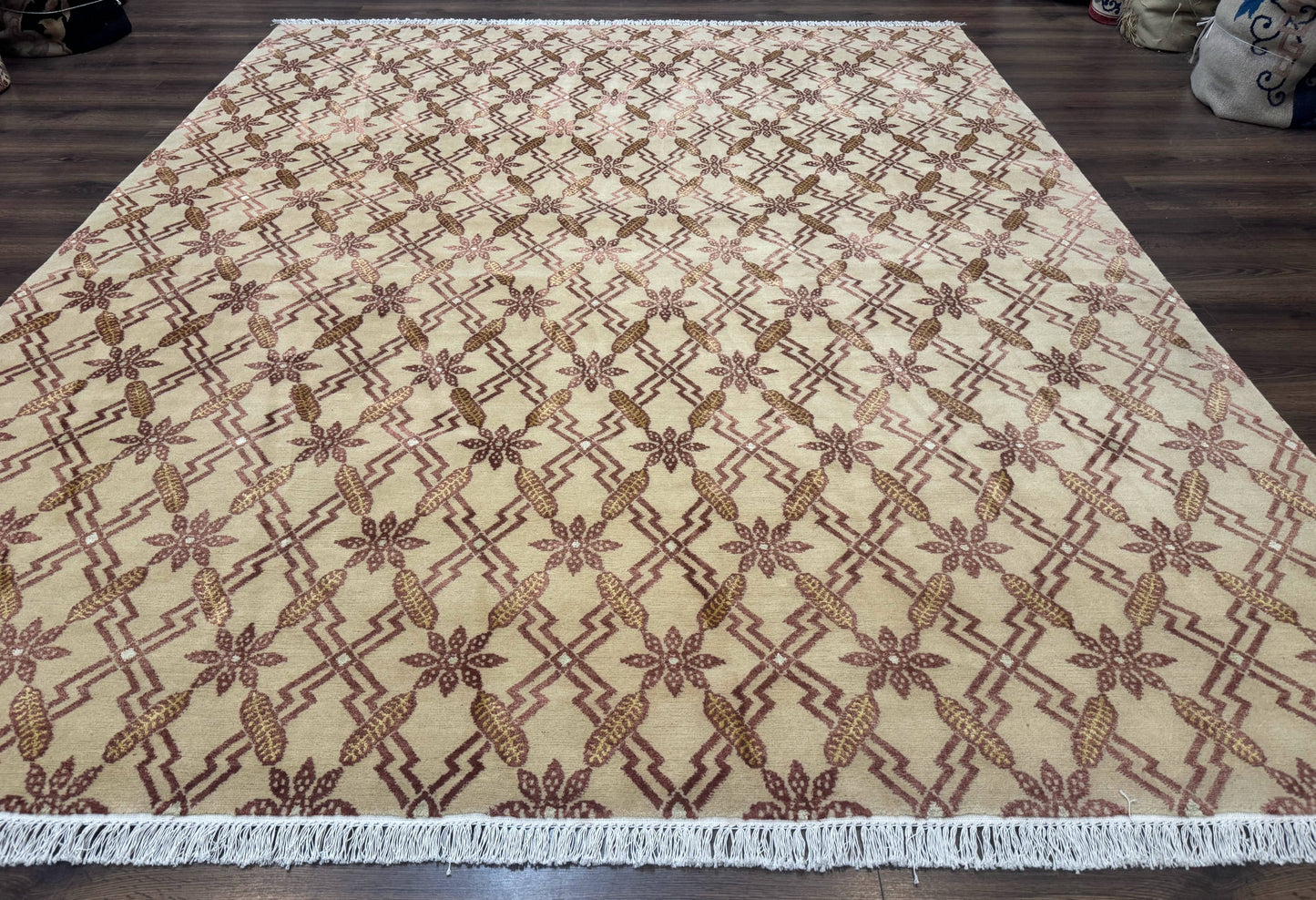 Tibetan Rug 8x10 Wool Silk Highlights Contemporary Carpet Beige And Maroon