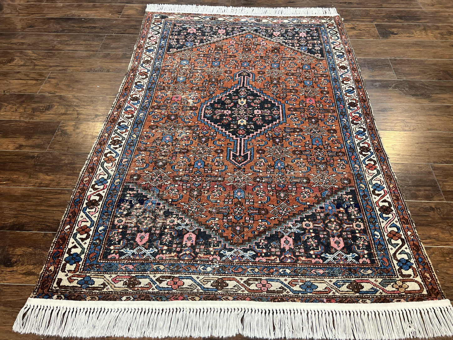 Red Persian Hamadan Rug 4x6, Wool Handmade Antique Carpet, Geometric Medallion Rug, Oriental Rug 4 x 6, Persian Tribal Rug, Hand Knotted Rug