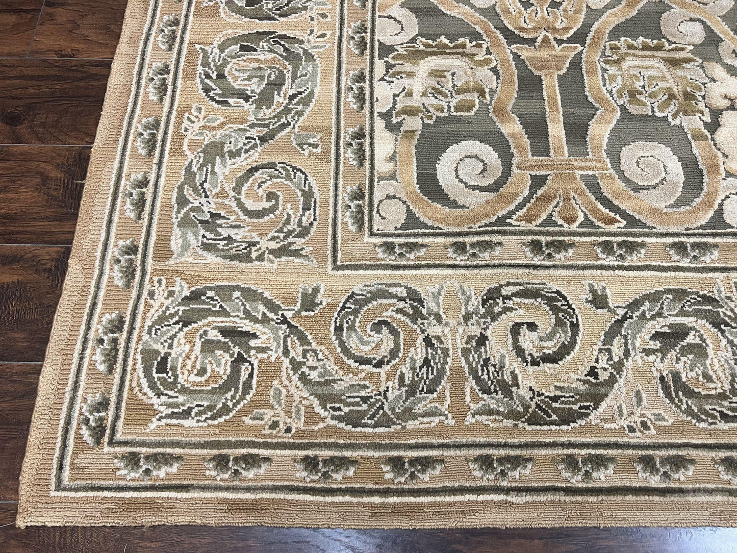 Spanish Wool Rug 11x14 Hand Knotted Vintage Floral Olive Green Beige European Design