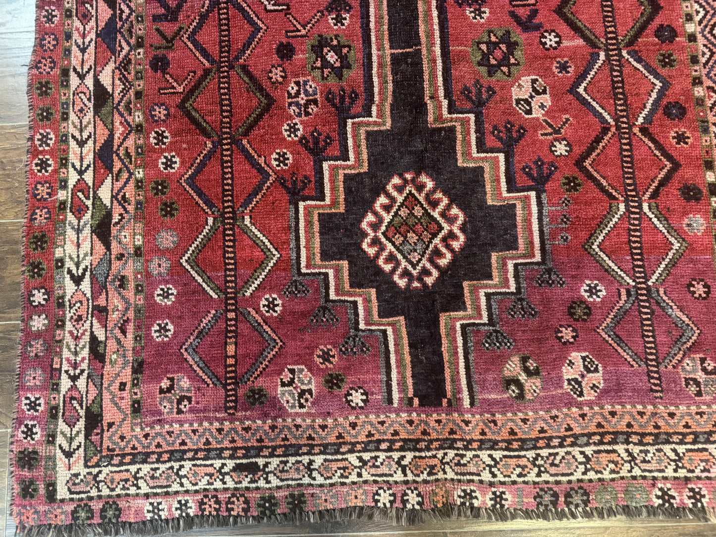 Persian Tribal Shiraz Rug 5x8, Geometric, Raspberry Red and Charcoal, Antique Persian Carpet