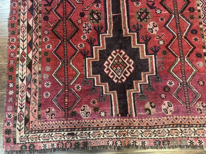Persian Tribal Shiraz Rug 5x8, Geometric, Raspberry Red and Charcoal, Antique Persian Carpet