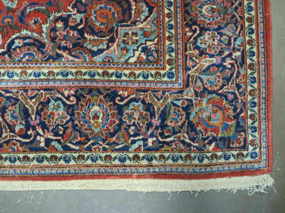 Persian Kashan Rug 4x7, Red and Navy Blue Semi Antique Vintage Wool Oriental Carpet, Hand Knotted Rug, Floral Medallion, High Quality Fine Carpet