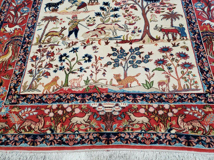 Antique Persian Isfahan Rug 5x7 Hand Knotted Wool Pictorial Tree Of Life