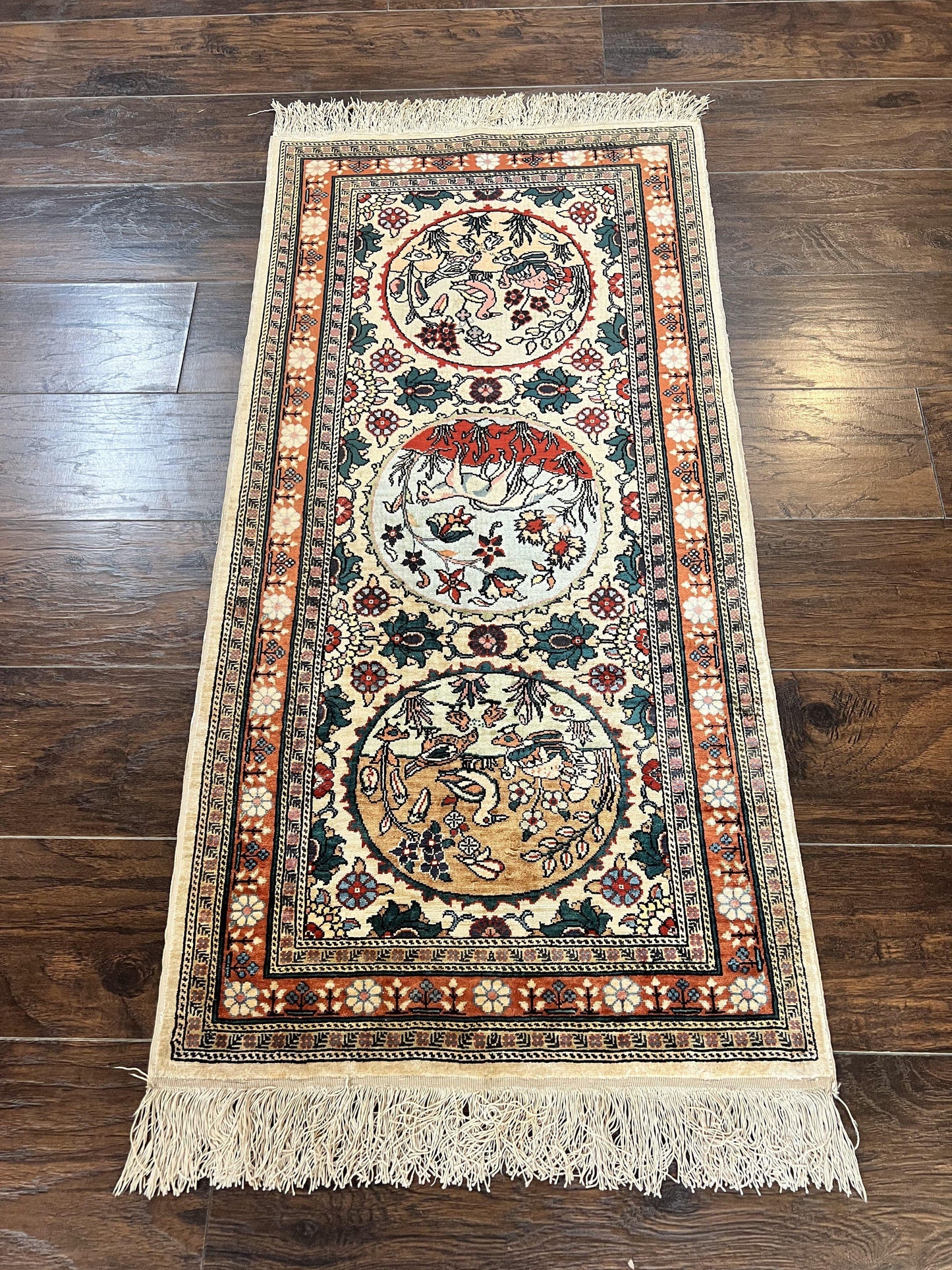 Silk Turkish Rug 2x4, Fine Handmade Oriental Rug, Animal Pictorial Birds Silk Pile on Silk Foundation Vintage Hand Knotted Hereke Carpet