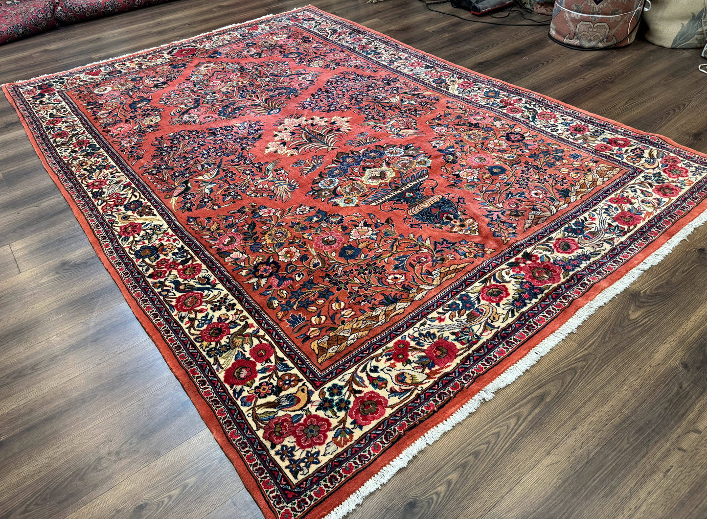 Persian Sarouk Rug 7x10 Red Ivory Floral Bouquets With Birds