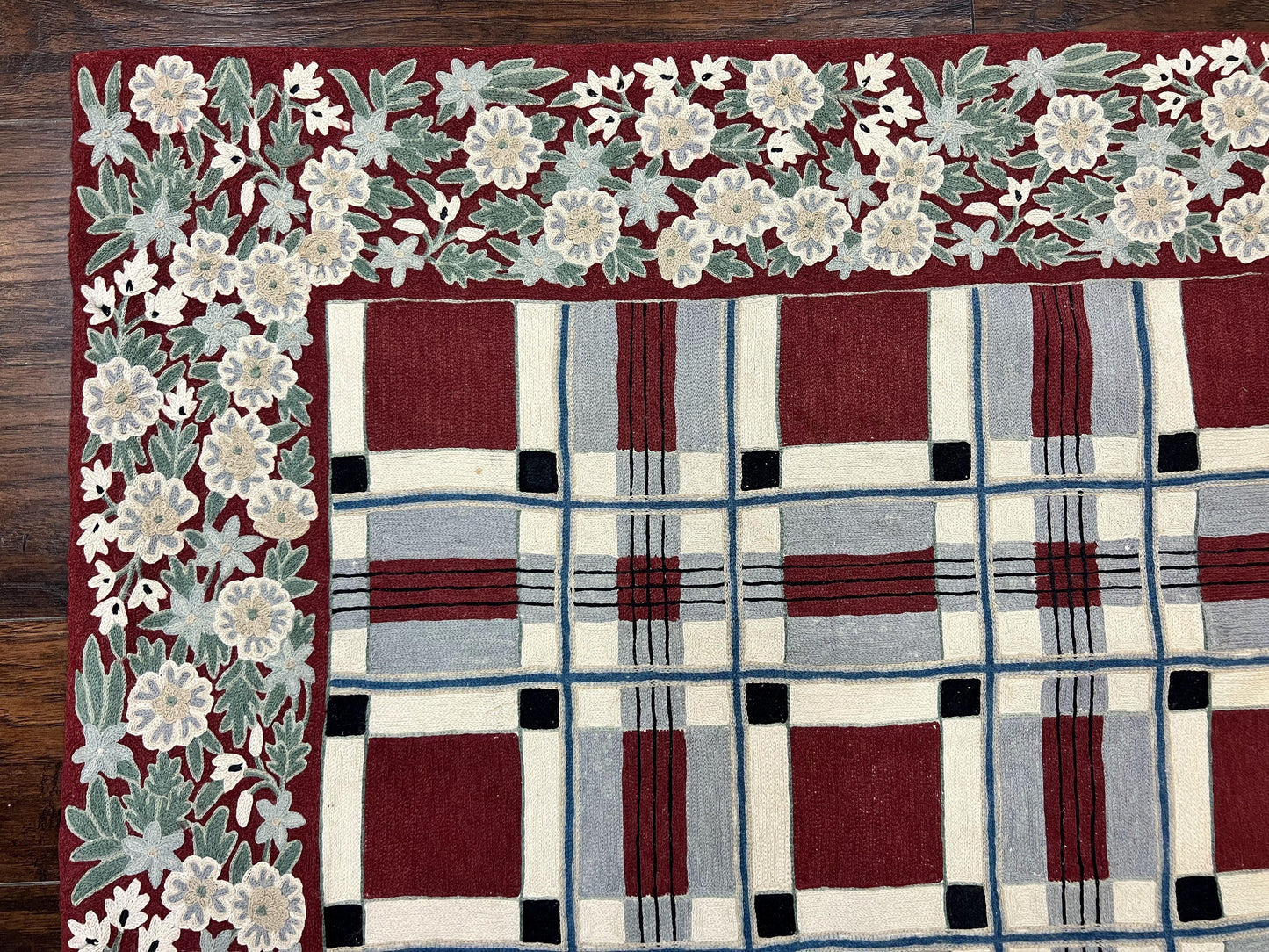Indian Hand Stitched Rug 4x6, Vintage Carpet, Checkerboard Floral Pattern, Maroon Ivory, Flatweave, Wool