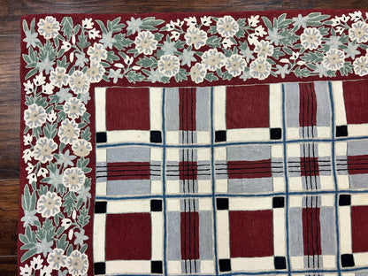 Indian Hand Stitched Rug 4x6, Vintage Carpet, Checkerboard Floral Pattern, Maroon Ivory, Flatweave, Wool