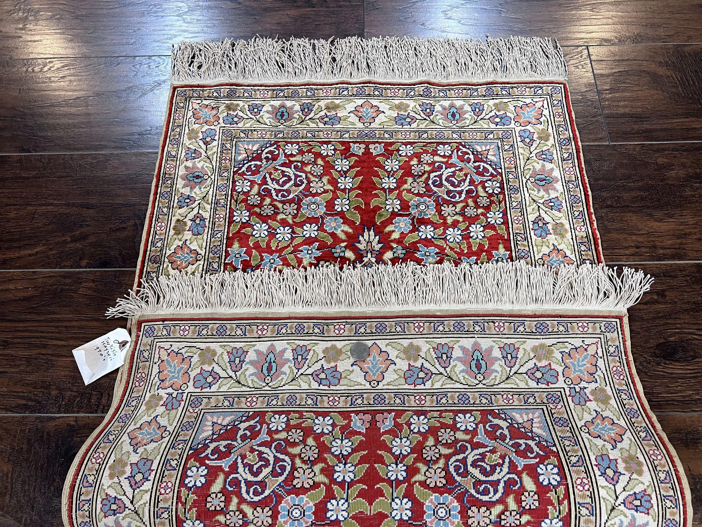 Silk Turkish Kayseri Rug 2x3, Small All Silk Turkish Carpet, Red and Light Blue, Very Fine Hand Knotted Semi Antique Vintage Handmade Rug