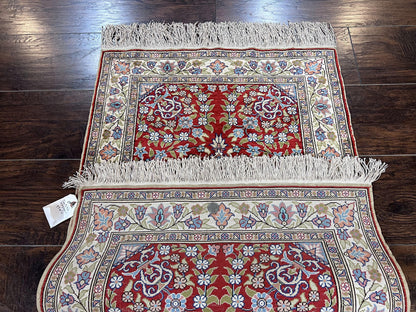 Silk Turkish Kayseri Rug 2x3, Small All Silk Turkish Carpet, Red and Light Blue, Very Fine Hand Knotted Semi Antique Vintage Handmade Rug