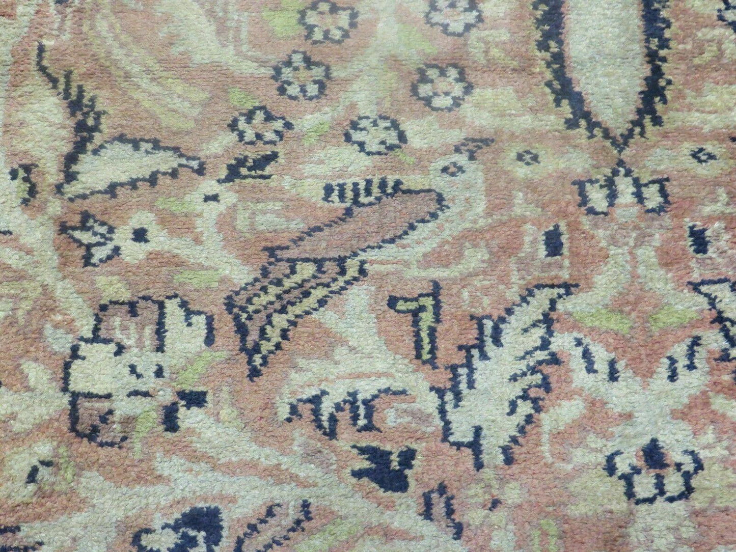 Indian Silk Rug 4x6, Indian Kashmiri Silk Carpet 4 x 6 ft, Vintage Hand Knotted Floral Bird Motifs, Light Pink and Navy Blue, Silk on Cotton