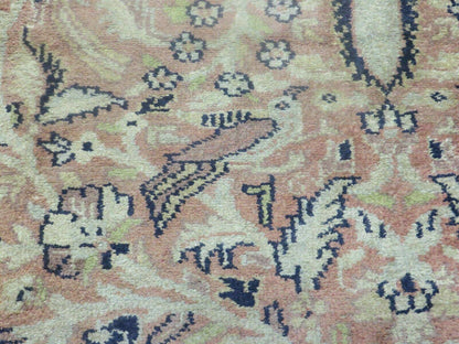 Indian Silk Rug 4x6, Indian Kashmiri Silk Carpet 4 x 6 ft, Vintage Hand Knotted Floral Bird Motifs, Light Pink and Navy Blue, Silk on Cotton