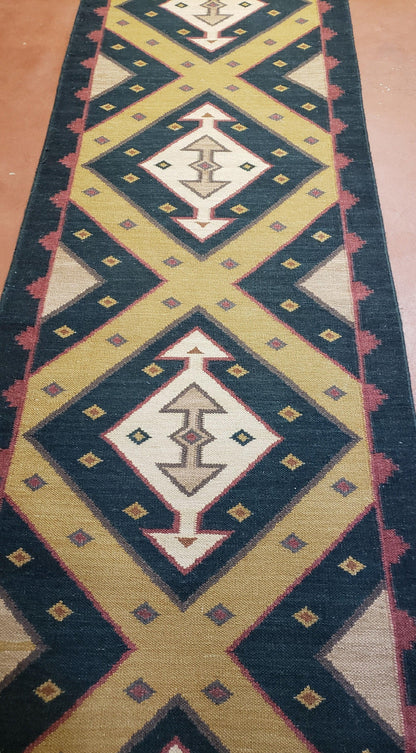 Vintage Indian Kilim Runner Rug, Geometric Flatweave Hand-Knotted Wool Kitchen Hallway Runner, Black Gold & Beige, 2' 8" x 9' 9"