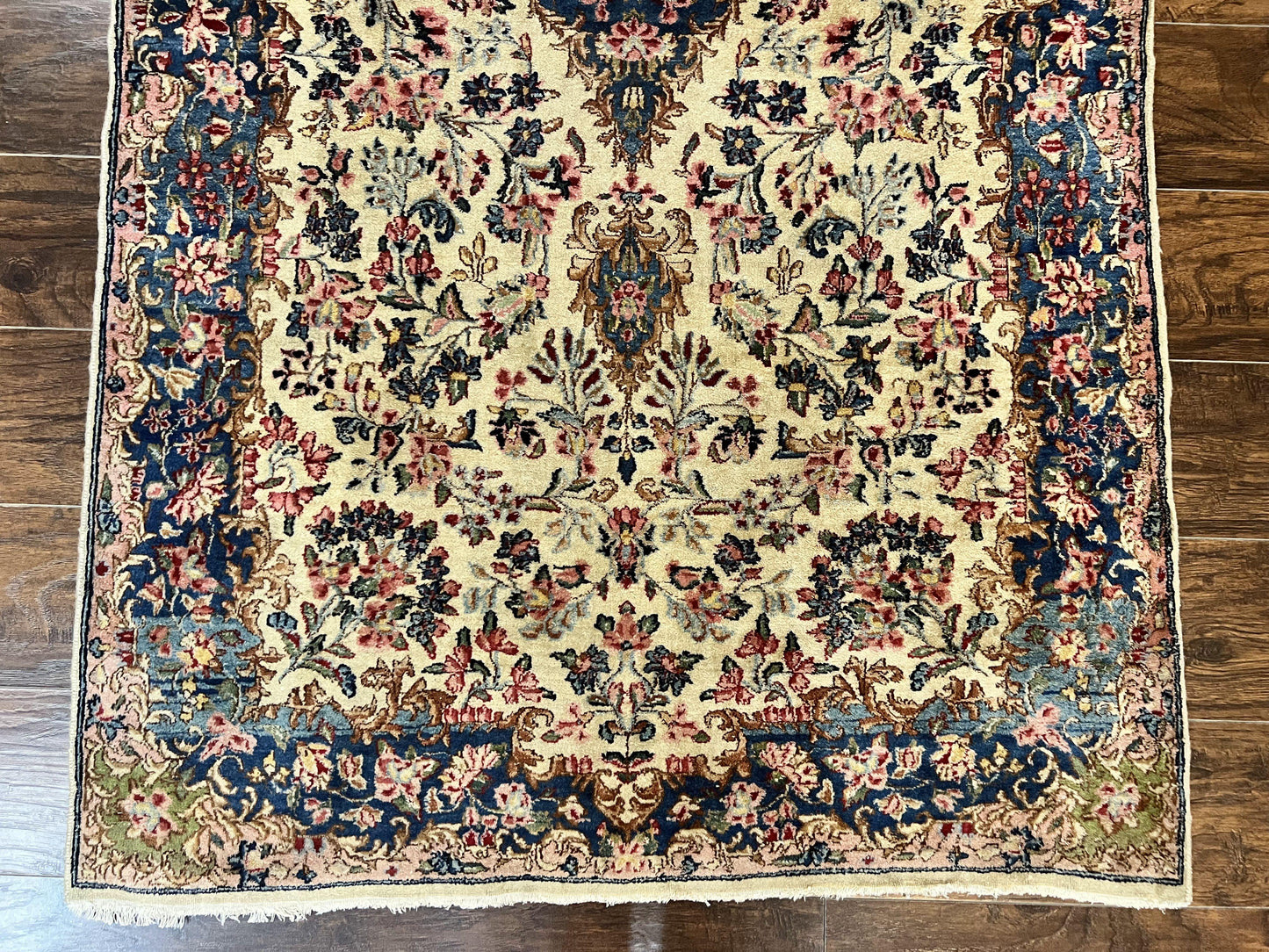 Antique Persian Kirman Rug 4x7 Hand Knotted Wool Floral Carpet Cream And Navy