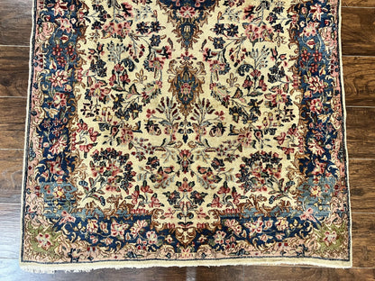 Antique Persian Kirman Rug 4x7 Hand Knotted Wool Floral Carpet Cream And Navy
