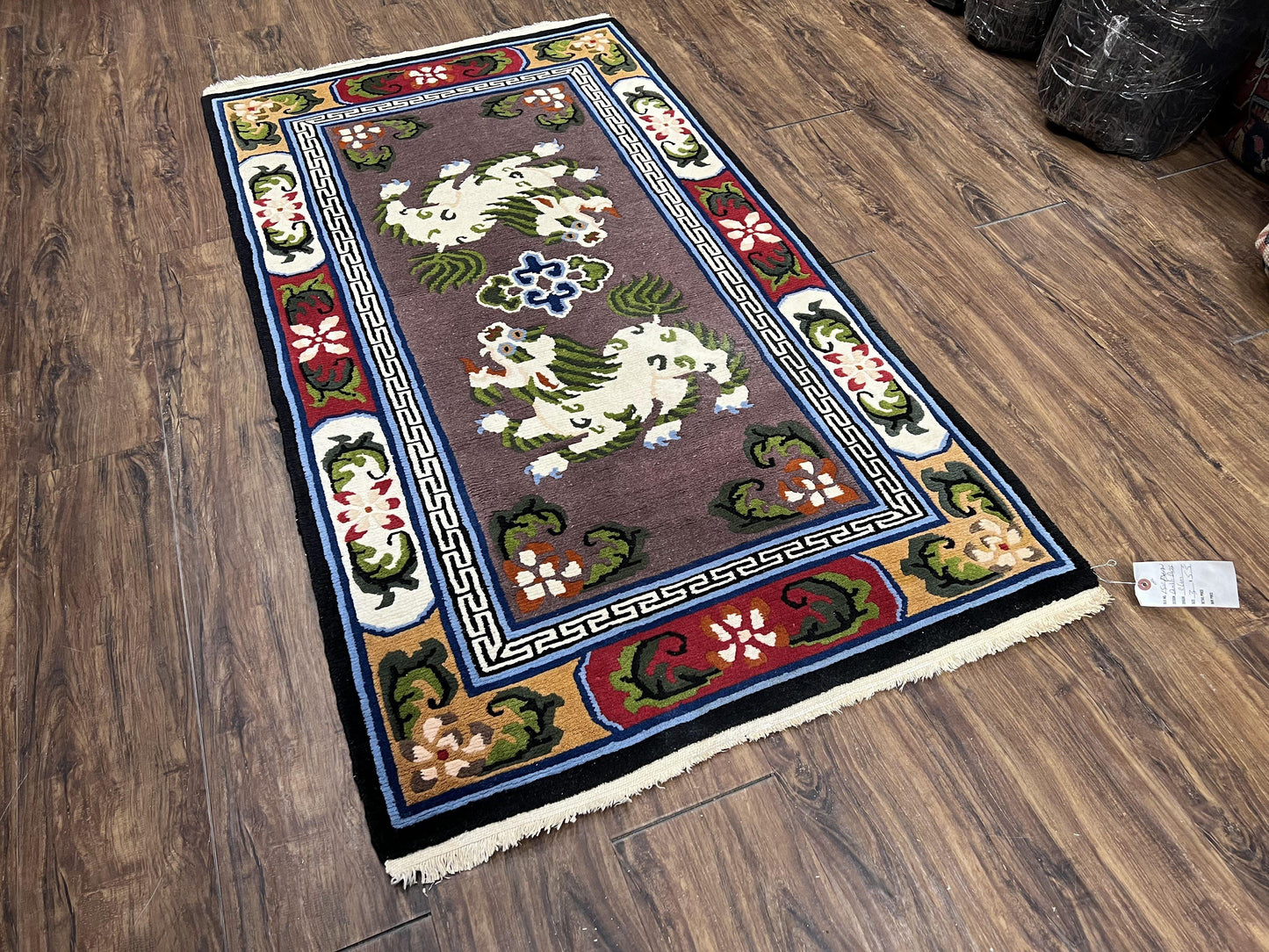 Chinese Art Deco Rug 3x5.5 Hand Knotted Wool With Animal Pictorials Vintage Peking Carpet