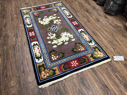 Chinese Art Deco Rug 3x5.5 Hand Knotted Wool With Animal Pictorials Vintage Peking Carpet