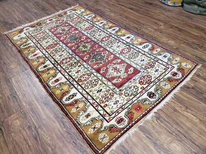 Turkish Caucasian Rug 4x7 Hand Knotted Wool Vintage Area Rug Cream Burnt Orange Carmine Red