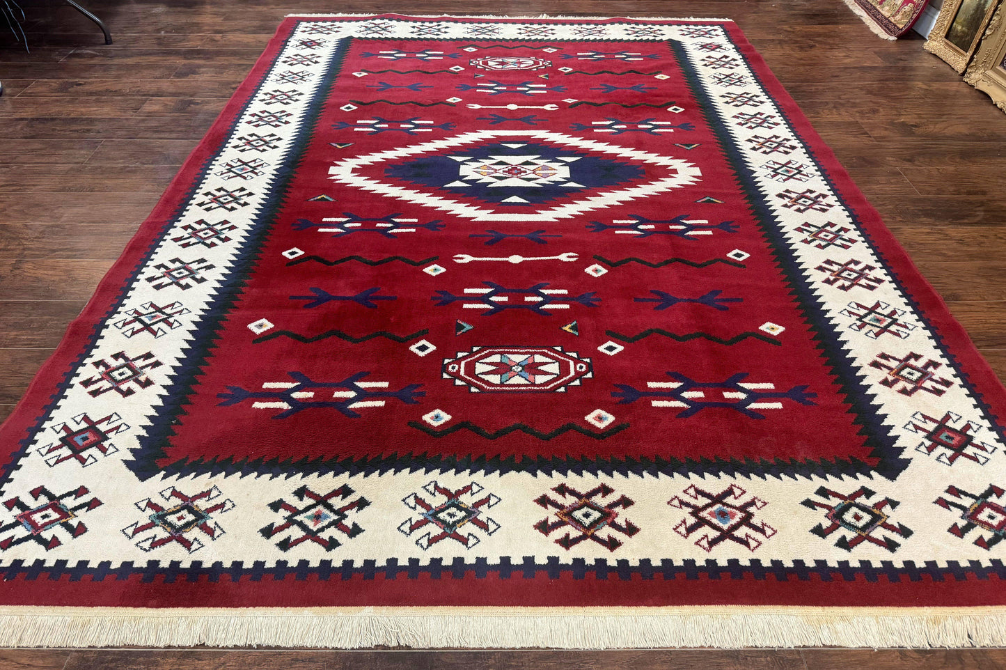Power Loomed Navajo Area Rug 8x11 Dark Red Ivory Bohemian Tribal Design