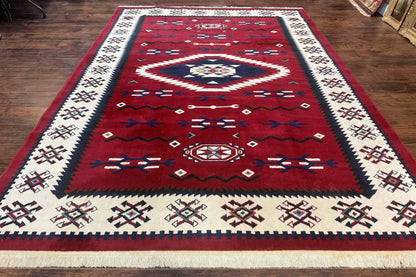 Power Loomed Navajo Area Rug 8x11 Dark Red Ivory Bohemian Tribal Design