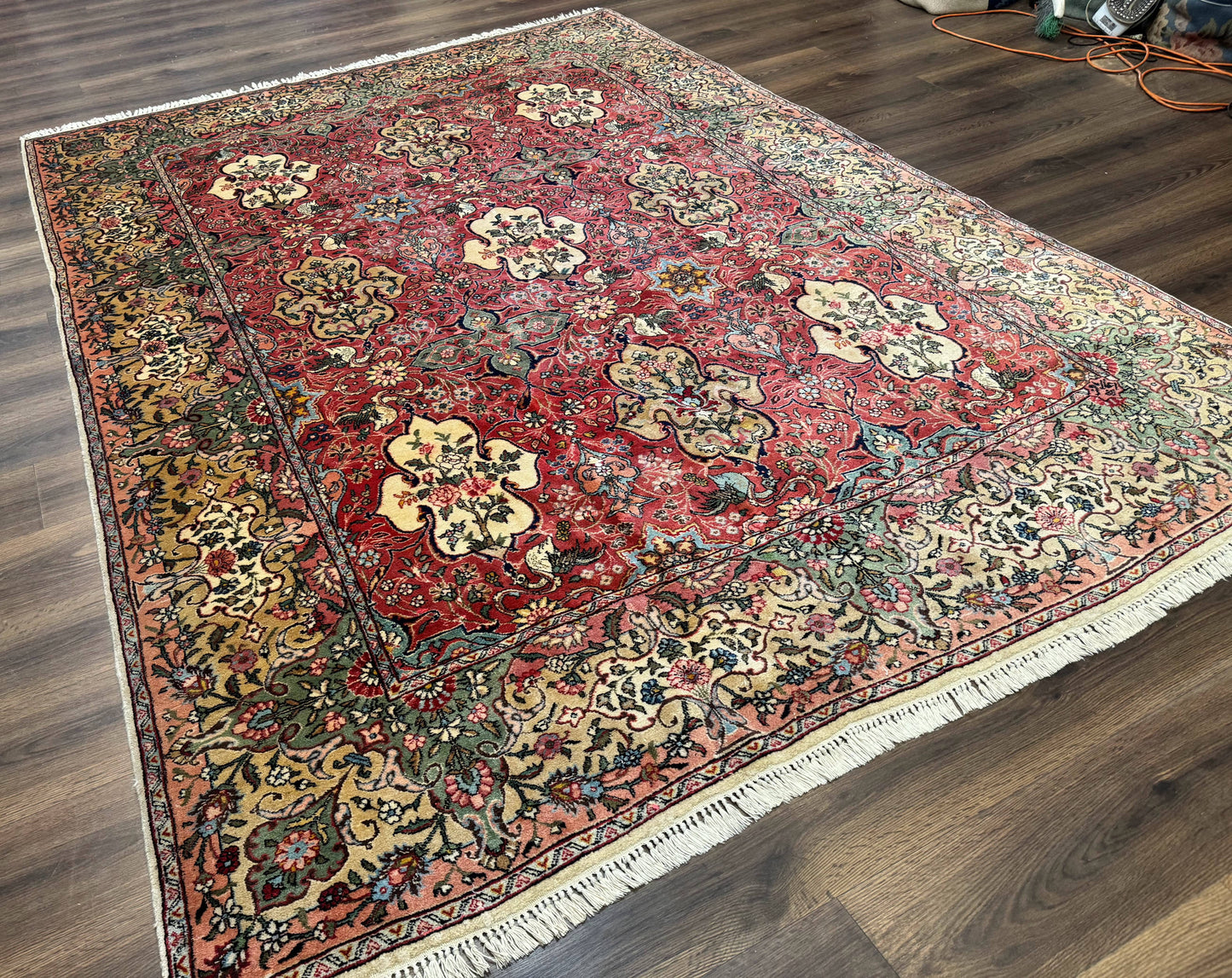 Antique Tabriz Persian Rug 7x10, Red Cream Tan, Unique Design, Fine 270 KPSI, Birds, Floral