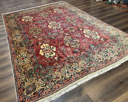 Antique Tabriz Persian Rug 7x10, Red Cream Tan, Unique Design, Fine 270 KPSI, Birds, Floral