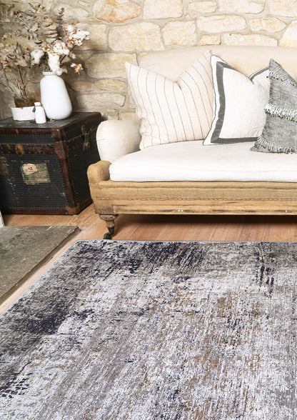 Abstract Border Echo in Blue & Grey Rug